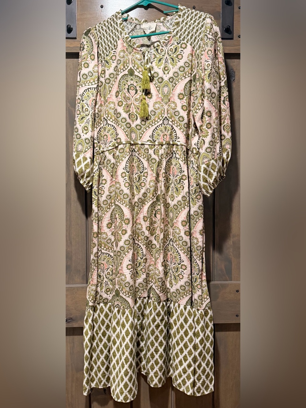 Umgee Pink and Olive Paisley Boho Dress with Tassel